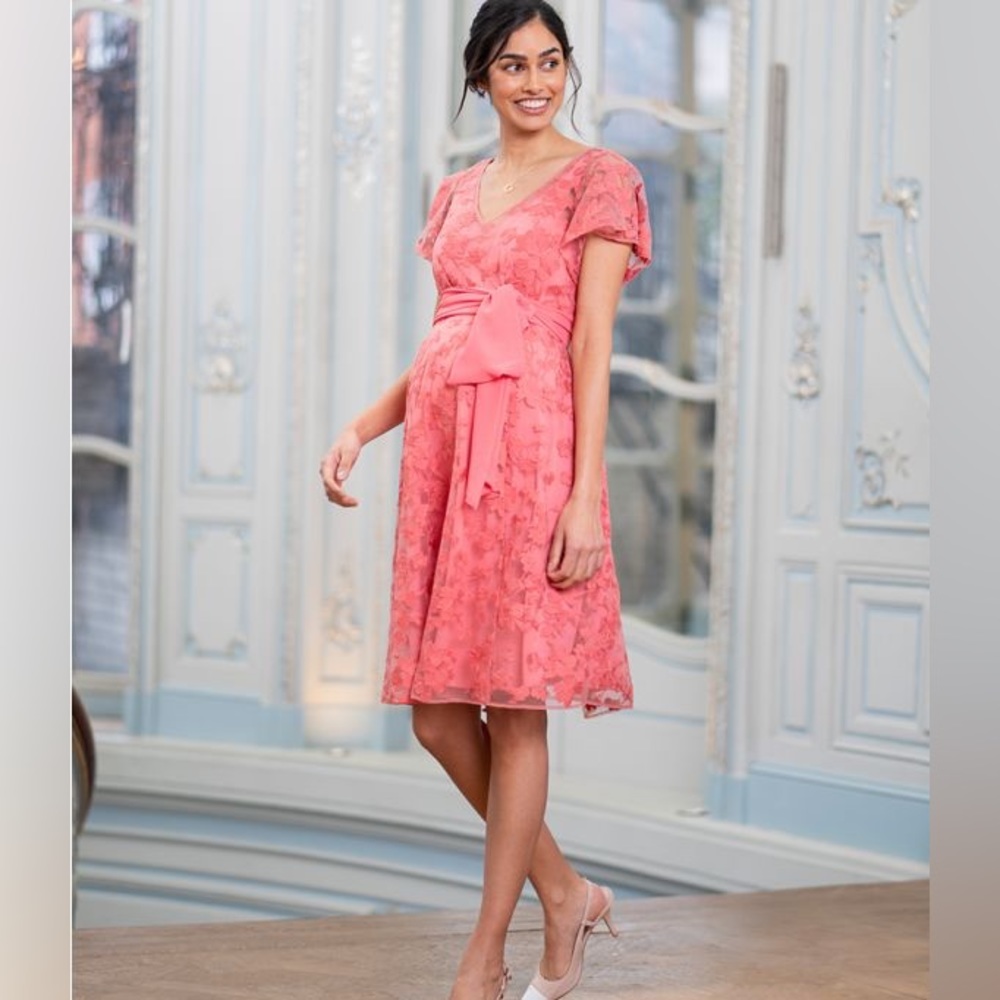 Coral Pink Floral Lace Maternity to Nursing Occasion Dress
